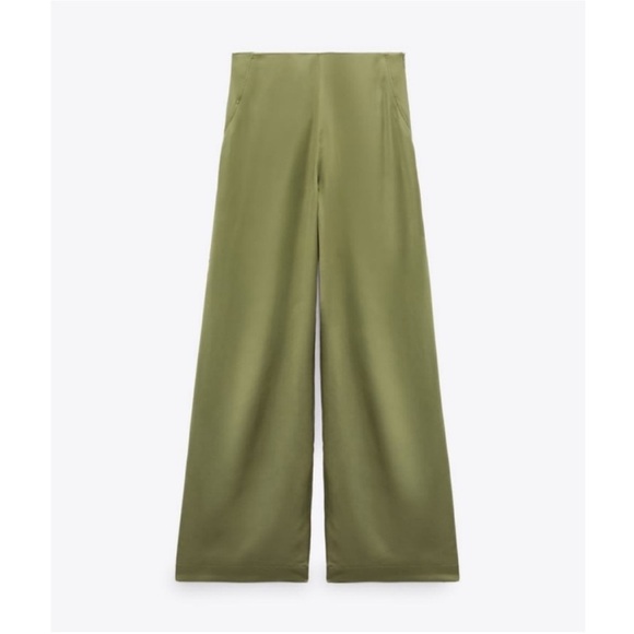 ZARA Wide Leg Green Satin Pants - Picture 7 of 11